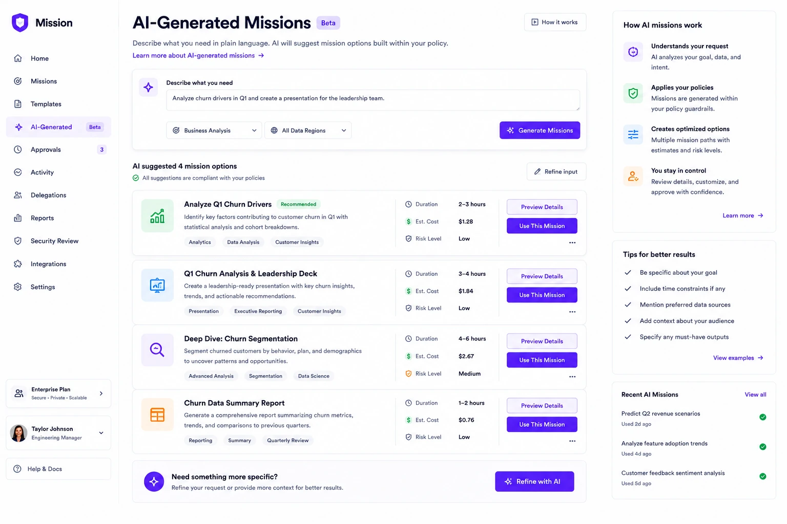 Mock AI-generated missions surface: a plain-language request produces four compliant mission options, each with duration, estimated cost, and risk level, with preview and refine controls.