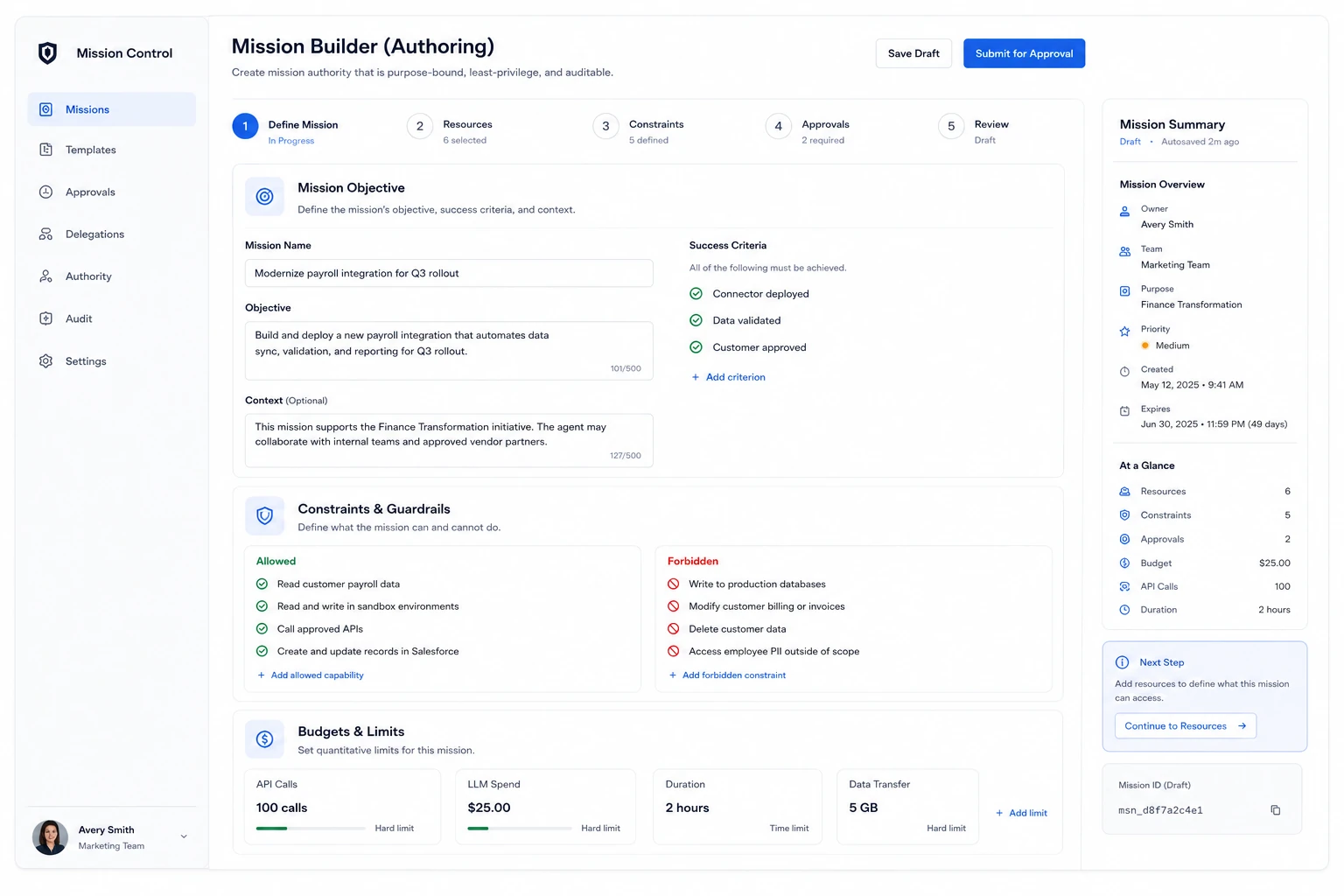 Mock mission builder surface: define mission with objective and success criteria, allowed and forbidden constraints, budgets and limits for API calls, spend, duration, and data transfer, ending in submit for approval.