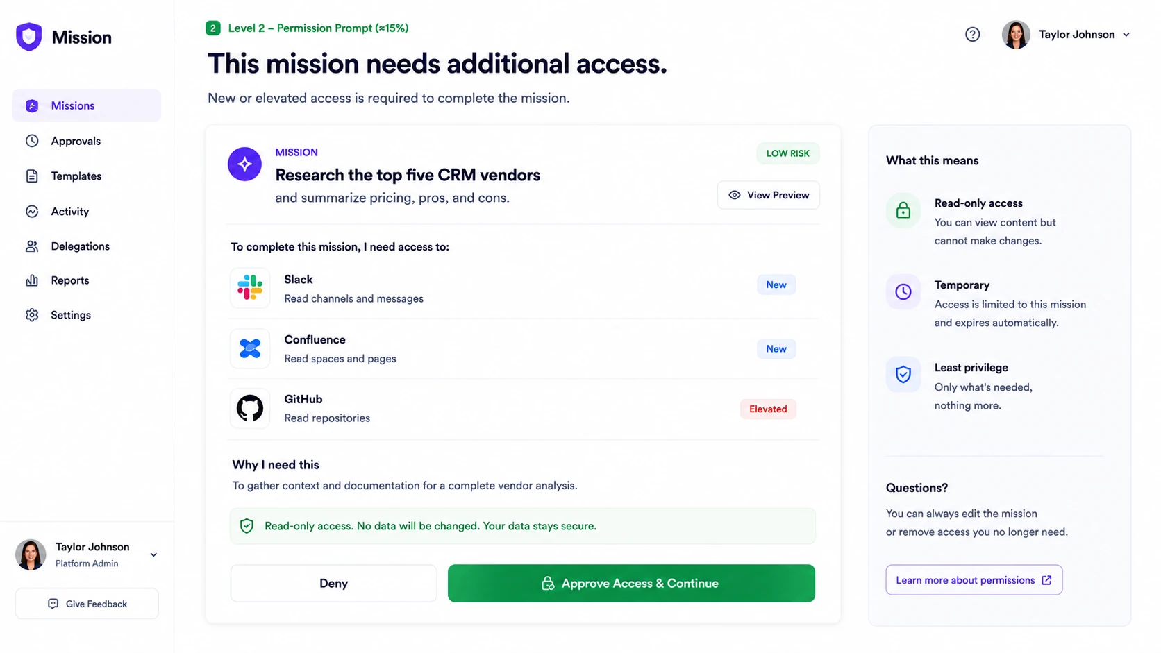 Mock expansion prompt: a running mission requests additional access to two new resources and one elevated scope, with the agent’s stated reason, read-only framing, and approve or deny controls.