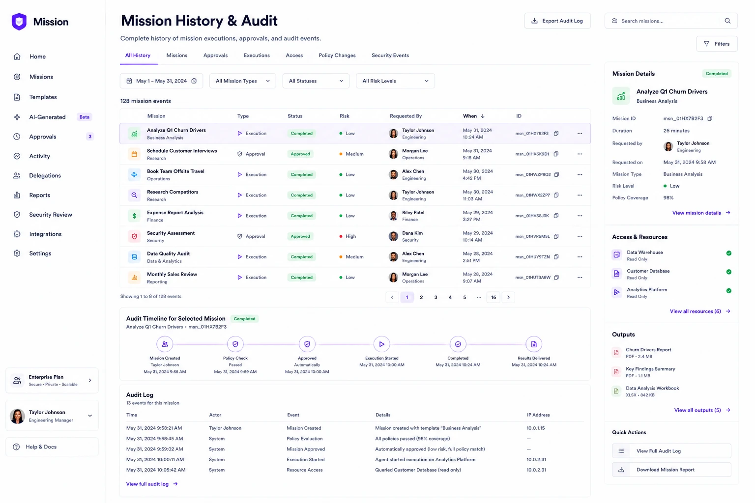 Mock mission history and audit surface: fleet-wide event history with filters, a per-mission audit timeline from creation to results delivered, and an audit log of actors, events, and details joined on one mission identifier.